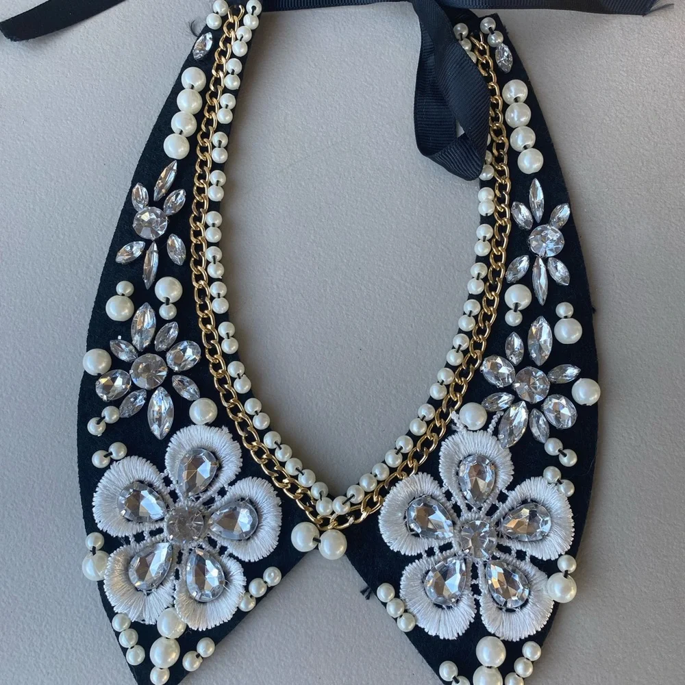 Pearl Rhinestone Bib Collar Necklace Statement Costume Jewelry - Picture 9 of 12